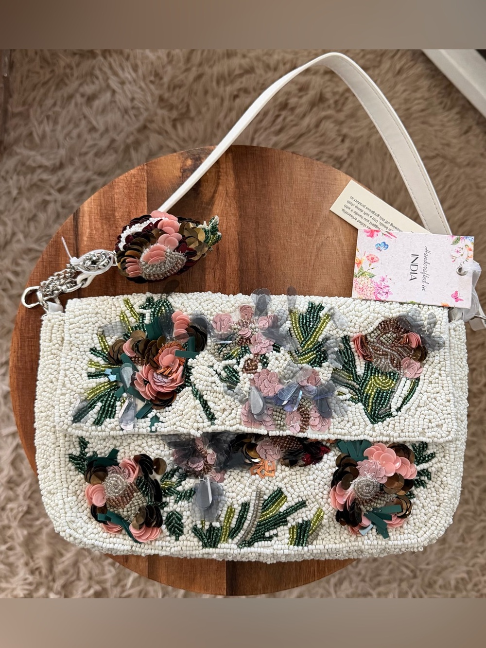 White Hand Beaded Shoulder Bag with Pink & Green Floral Appliqué - Picture 1 of 7